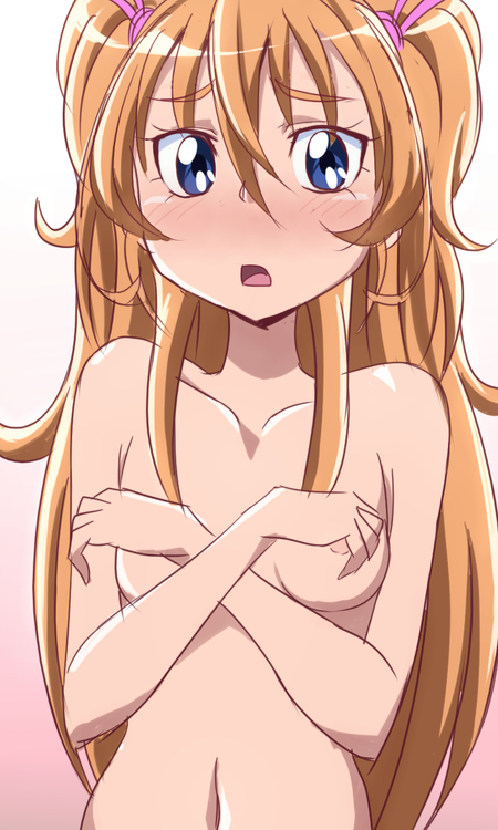 areolae bad_id bad_pixiv_id blue_eyes blush breasts brown_hair covering covering_breasts eyelashes houjou_hibiki long_hair manji_(tenketsu) nude precure small_breasts solo suite_precure two_side_up