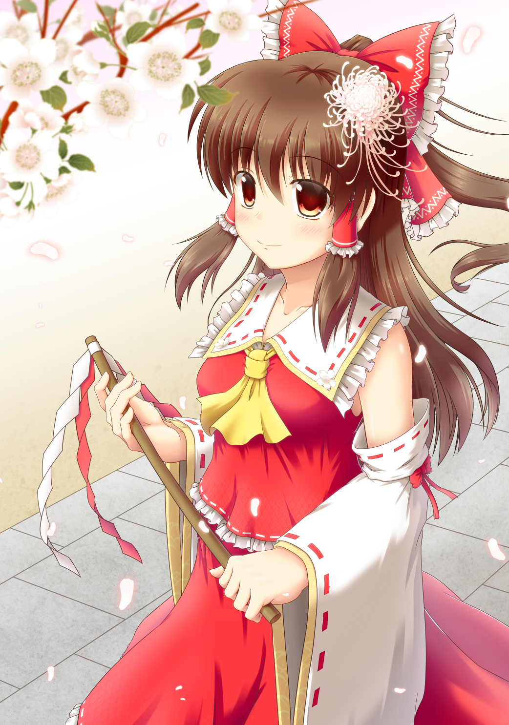 ascot blurry blush bow breasts brown_hair cherry_blossoms depth_of_field detached_sleeves flower gohei hair_bow hair_flower hair_ornament hair_tubes hakurei_reimu highres leaf looking_at_viewer medium_breasts path petals ponytail red_eyes road sideways_glance skirt skirt_set smile solo touhou tree_branch yuu_hitoshi