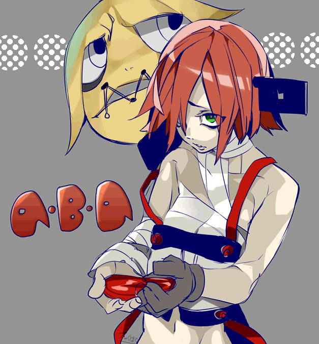 a.b.a bandages blood gloves green_eyes guilty_gear hair_over_one_eye hyakuhachi_(over3) key key_in_head paracelsus red_hair short_hair single_glove solo suspenders