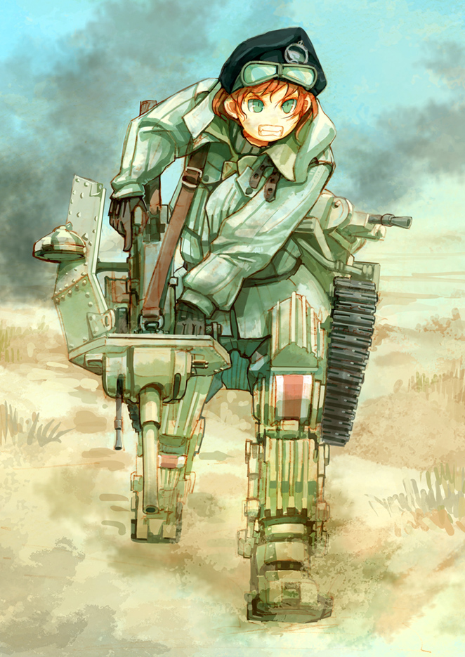 asterisk_kome beret british crusader_(tank)_(personification) desert gloves green_eyes hat mecha_musume military original red_hair running short_hair solo teeth world_war_ii