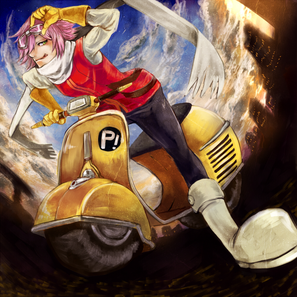 bad_id bad_pixiv_id boots flcl full_body gloves goggles ground_vehicle haruhara_haruko motor_vehicle pink_hair scarf scooter short_hair smile solo vespa yellow_eyes