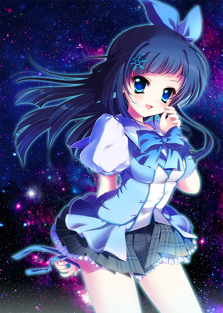 :d arched_back arm_behind_back asymmetrical_bangs bangs blue_bow blue_eyes blue_hair blue_neckwear blush bow bowtie breasts cowboy_shot diffraction_spikes eyebrows_visible_through_hair frilled_skirt frills glowing hair_bow hair_ornament half_updo hand_up ichi_rin jewelry long_hair looking_at_viewer medium_breasts open_mouth original plaid plaid_skirt pleated_skirt puffy_short_sleeves puffy_sleeves ring short_sleeves skirt smile snowflake_hair_ornament solo star star_(sky) starry_background thighs