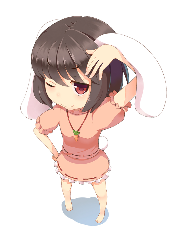1girl animal_ears barefoot black_hair bunny_ears carrot hand_on_own_head inaba_tewi one_eye_closed red_eyes ribbon-trimmed_clothes ribbon_trim short_hair smile solo touhou