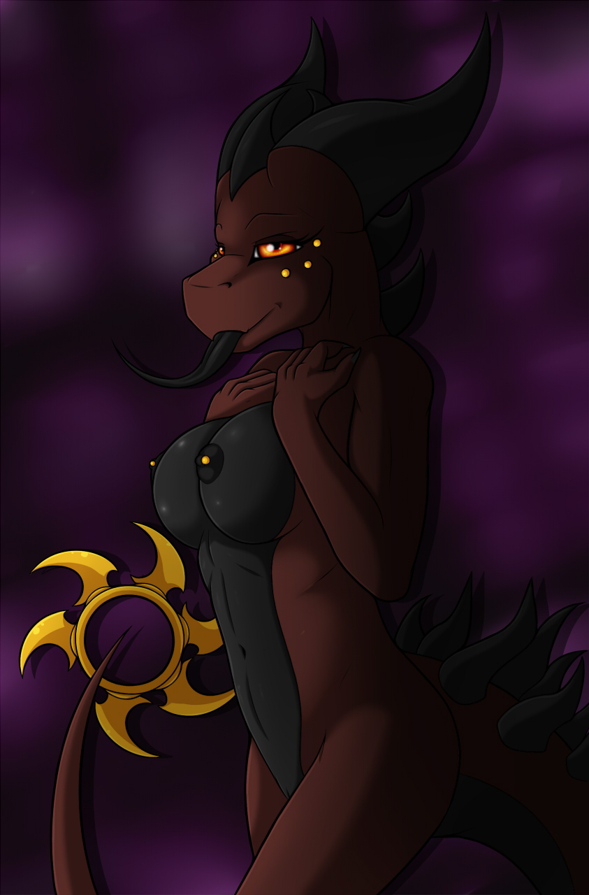 black_nipples breasts brown_skin claws dragon female horn kurtassclear looking_at_viewer nipples nude orange_eyes piercing red_skin red_skin_ scalie smile solo spikes standing tongue tongue_out
