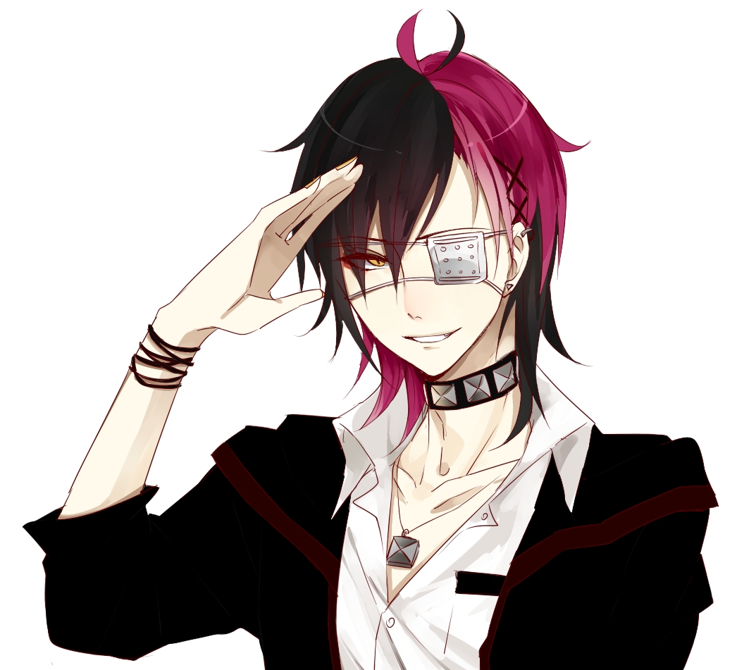 1boy bad_id black_hair bracelet collarbone earrings eyepatch gold_eyes hair_ornament hairclip jacket jewelry looking_at_viewer male male_focus necklace original piercing pink_hair punk shirt short_hair simple_background smile solo white_background ya_tong yellow_eyes