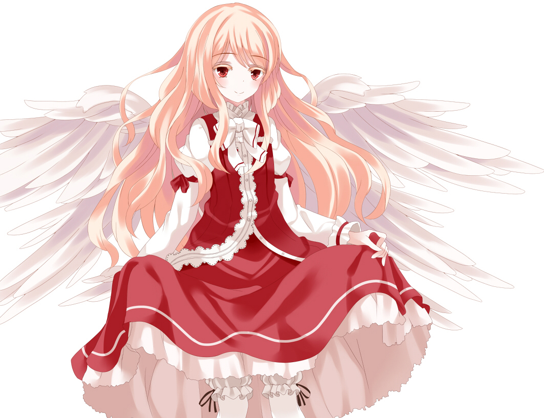 alternate_color alternate_costume alternate_hair_color angel_wings arm_strap blonde_hair bloomers bow bowtie curtsey juliet_sleeves long_hair long_sleeves multiple_wings nanatuki13 puffy_sleeves red_eyes sariel shirt simple_background skirt skirt_hold skirt_set smile solo touhou touhou_(pc-98) underwear very_long_hair vest white_background wings