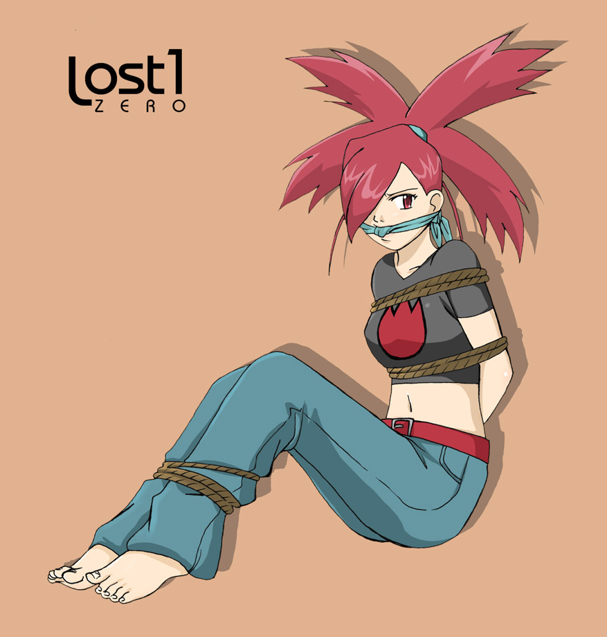 1girl asuna_(pokemon) barefoot bdsm belt bondage bound breasts collarbone denim ears gag gym_leader hair_over_one_eye jeans lost1zero nail nails nintendo pants pokemon red_eyes red_hair sitting solo