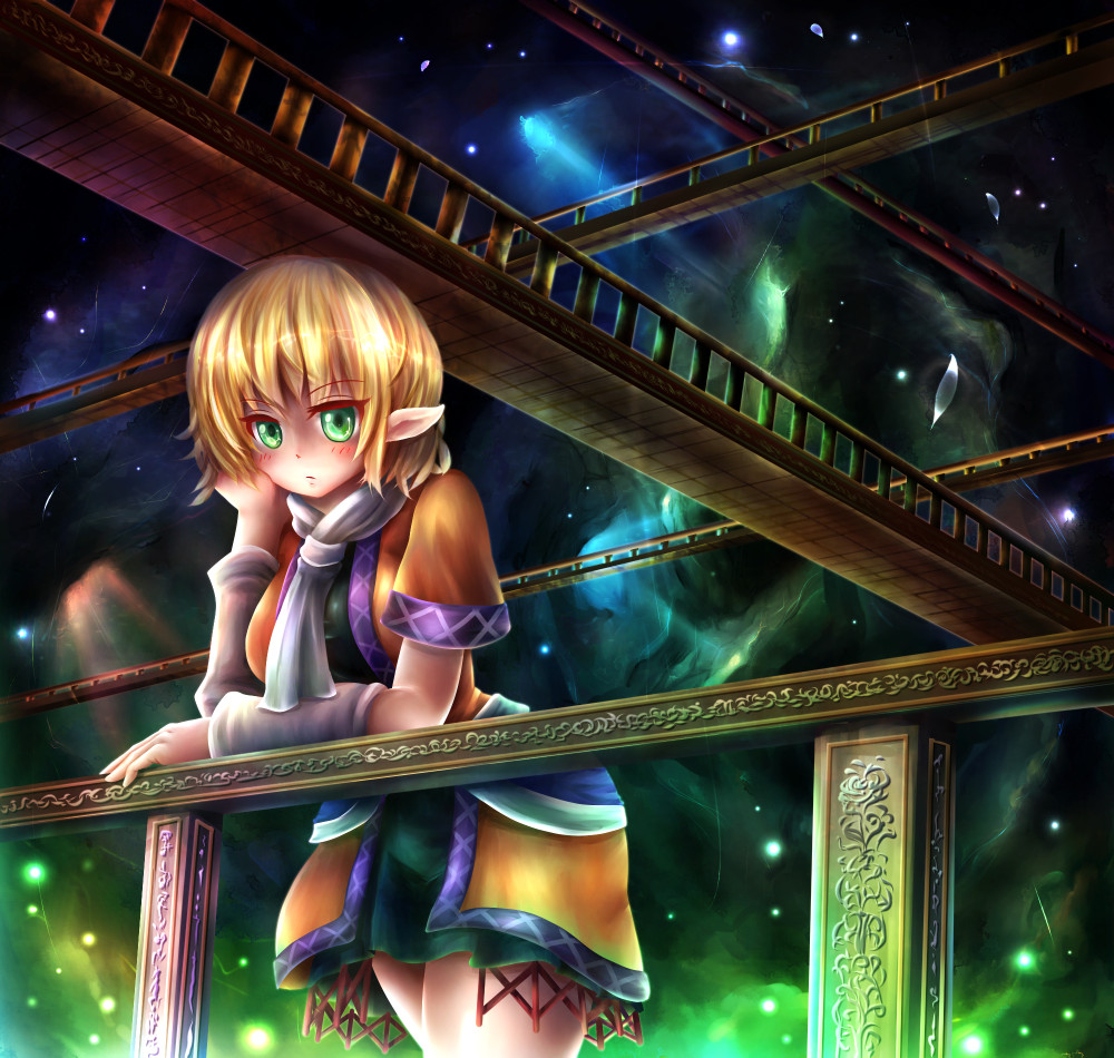 arm_support arm_warmers blonde_hair blush bridge cave glowing green_eyes light_particles mizuhashi_parsee pointy_ears railing satoji_(ochanomkmskry) scarf shirt short_sleeves skirt solo touhou