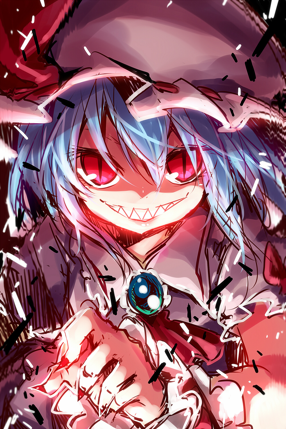 ascot ayakashi_(monkeypanch) blue_hair brooch crazy_smile dress evil_grin evil_smile fangs grin hat hat_ribbon highres jewelry looking_at_viewer mob_cap nail_polish pink_dress puffy_sleeves red_eyes red_nails remilia_scarlet ribbon shaded_face short_sleeves sketch slit_pupils smile solo touhou upper_body