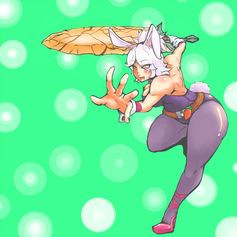 :p alternate_costume animal_ears backless_outfit bare_shoulders battle_bunny_riven belt bunny_ears carrot green_background league_of_legends orange_eyes pantyhose riven_(league_of_legends) short_hair solo sword thick_thighs thighs tongue tongue_out trombe weapon white_hair