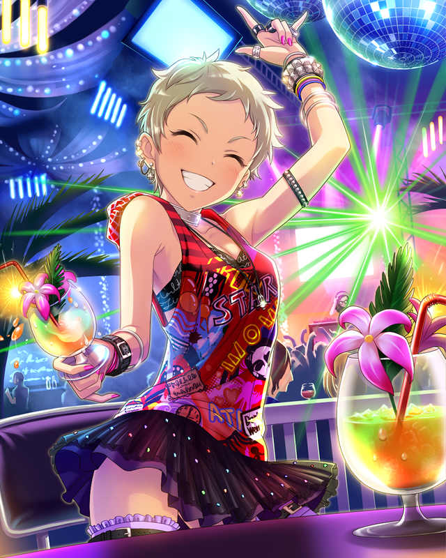 ^_^ artist_request blonde_hair bracelet closed_eyes disco_ball drink idolmaster idolmaster_cinderella_girls jewelry official_art pixie_cut rave_party ring senzaki_ema short_hair skirt smile solo thumb_ring tropical_drink very_short_hair