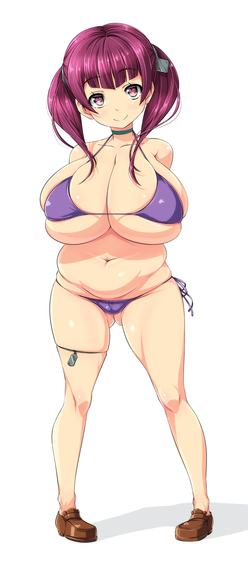 :&gt; arms_behind_back belly bikini breasts brown_eyes dog_tags full_body heart heart-shaped_pupils highres huge_breasts loafers long_hair love_handles navel nekomamire original pigeon-toed plump purple_hair shoes side-tie_bikini simple_background smile solo standing swimsuit symbol-shaped_pupils twintails white_background