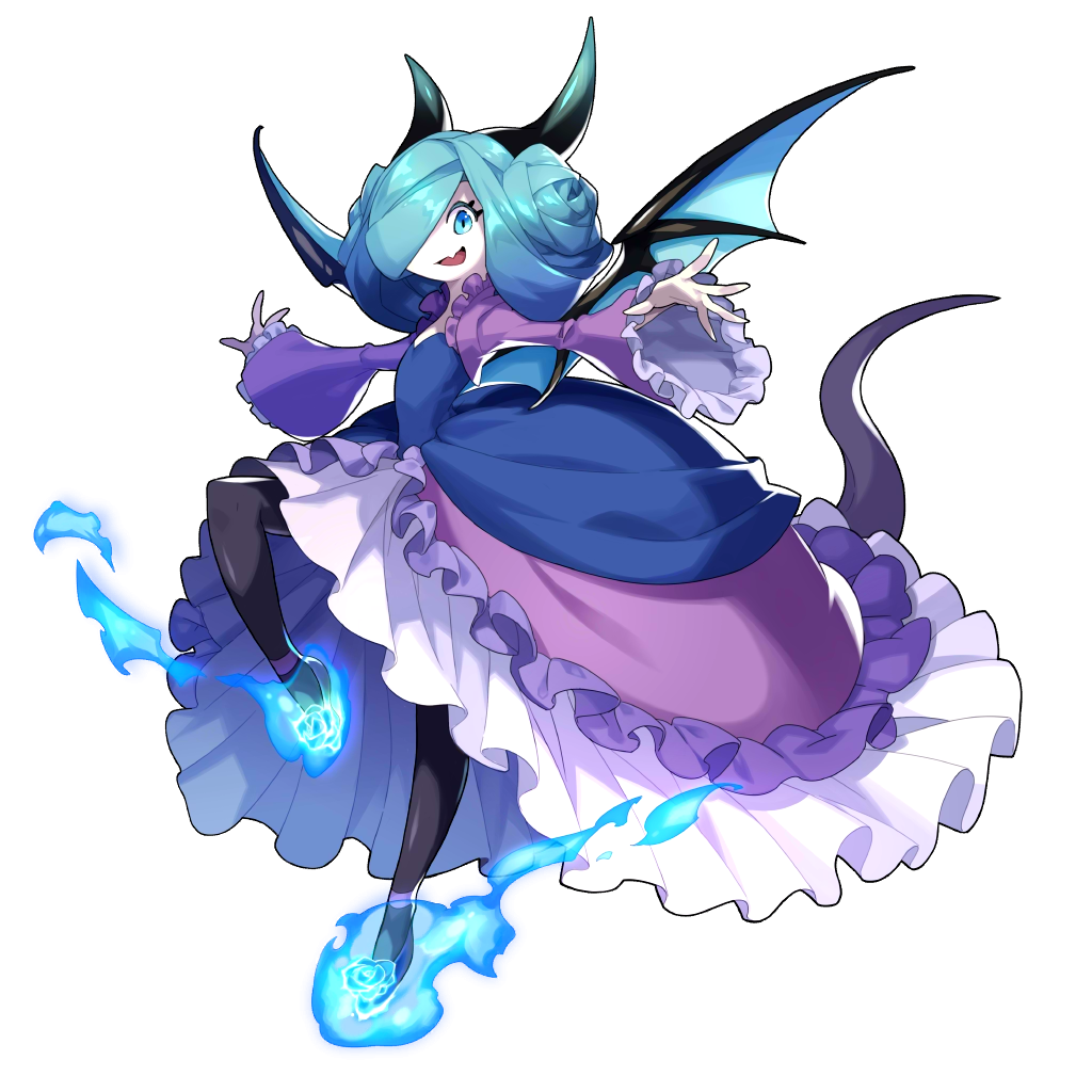 bat_wings dragalia_lost dress fang fire flower hair_over_eyes hairstyle_request horns leg_up non-web_source official_art one_eye_covered purple_dress rose silke_(dragalia_lost) tail wide_sleeves wings