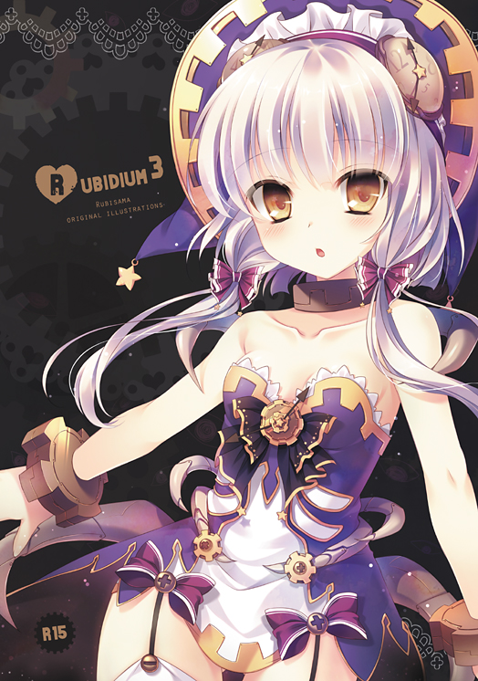 bare_shoulders blush bow breasts choker cleavage collarbone dress garter_straps gears grey_hair hair_bow hat long_hair looking_at_viewer open_mouth original petite ribbon rubi-sama small_breasts solo star twintails wrist_cuffs yellow_eyes
