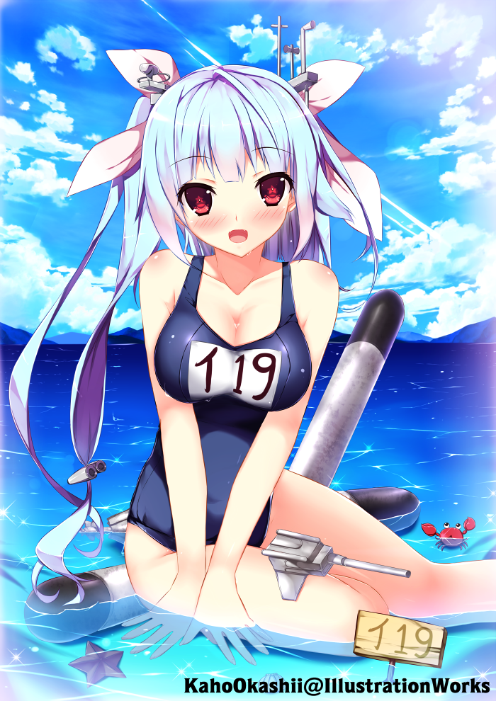 :d bad_id bad_pixiv_id blue_hair blue_sky blush breasts cannon cleavage cloud crab day hair_ornament hair_ribbon i-19_(kantai_collection) kaho_okashii kantai_collection large_breasts long_hair name_tag one-piece_swimsuit open_mouth partially_submerged red_eyes ribbon school_swimsuit sitting sky smile solo star star-shaped_pupils starfish swimsuit symbol-shaped_pupils torpedo twintails v_arms water yokozuwari