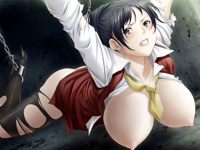 1girl ail_soft bdsm black_hair blue_eyes blush bondage bound breasts breasts_outside chains clenched_teeth cuffs female game_cg hanging_breasts kousaka_yuriko ma_wo_jutai_seshi_otome_no_kuetsu ma_wo_jutaiseshi_otome_no_kuetsu nipples saburoo solo suspension teeth torn_clothes