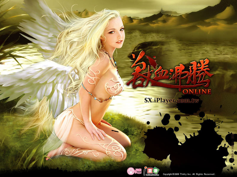 1girl angel angel_wings armor artist_request blonde_hair blue_eyes character_request feather feathers jewelry kneeling lipstick long_hair looking_at_viewer lots_of_jewelry makeup monster_girl nail_polish online_game shouxuefeiteng_(online) sitting solo source_request wallpaper wariza wind wings