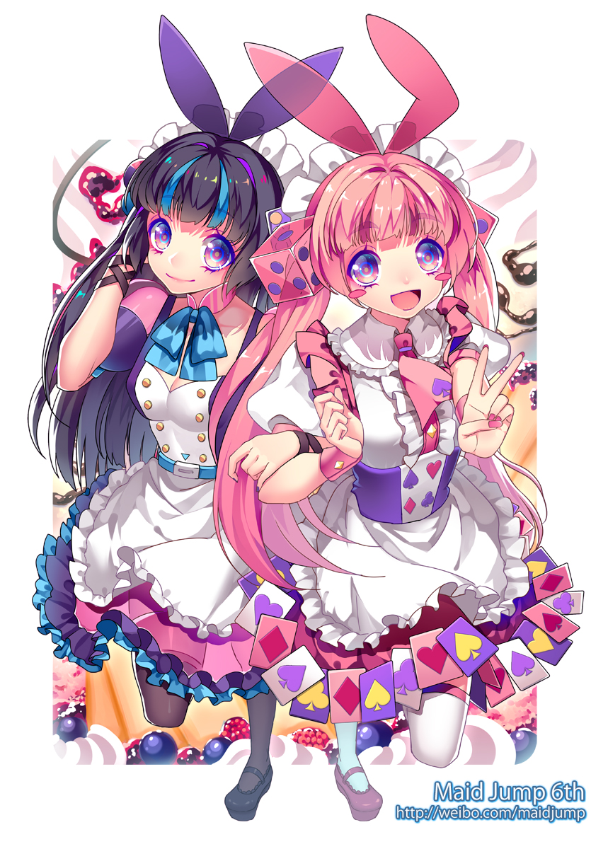 animal_ears bad_id bad_pixiv_id bangs black_eyes black_hair blueberry blunt_bangs blush_stickers bunny_ears card chocolate club_(shape) cravat diamond_(shape) dice dress food fruit hair_ornament heart highres hime_cut locked_arms long_hair maid maid_headdress mary_janes multiple_girls original pantyhose pink_hair playing_card raspberry shoes smile sougishi_ego spade_(shape) thighhighs twintails v whipped_cream