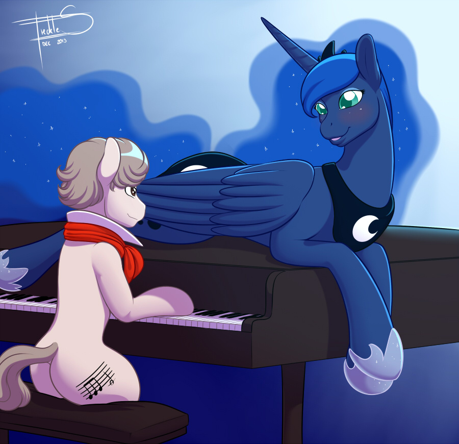 blue_eyes blue_hair blush brown_eyes cute cutie_mark equine eye_contact female feral freckles_(artist) friendship_is_magic grey_hair hair horn horse long_hair male mammal musical_instrument my_little_pony original_character piano pony princess_luna_(mlp) smile winged_unicorn wings