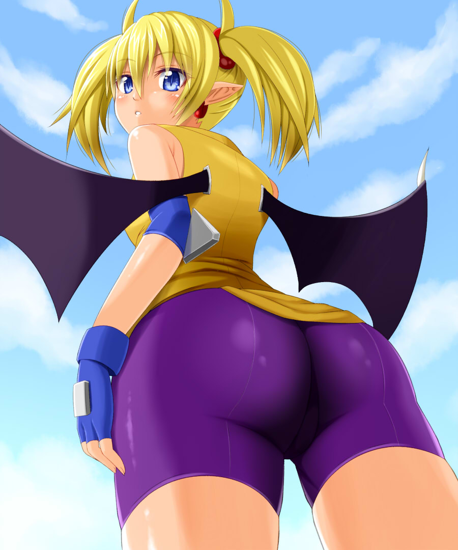 1girl aq_interactive arcana_heart ass back bare_shoulders bike_shorts blonde_hair blue_eyes blush breasts demon_girl demon_wings earrings elbow_pads examu fingerless_gloves from_behind from_below gloves jacket jewelry lilica_felchenerow looking_back najaran_(pixiv) open_mouth parted_lips pointy_ears short_hair sideboob slit_pupils solo suzuna_(najaran) twintails wings
