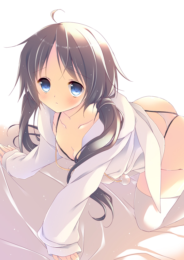 ahoge all_fours bed_sheet blue_eyes blush bra breasts brown_hair cleavage hood hood_down hoodie long_hair medium_breasts natsuki_coco no_pants open_clothes open_hoodie original panties pom_pom_(clothes) sleeves_past_wrists solo thighhighs twintails underwear white_legwear