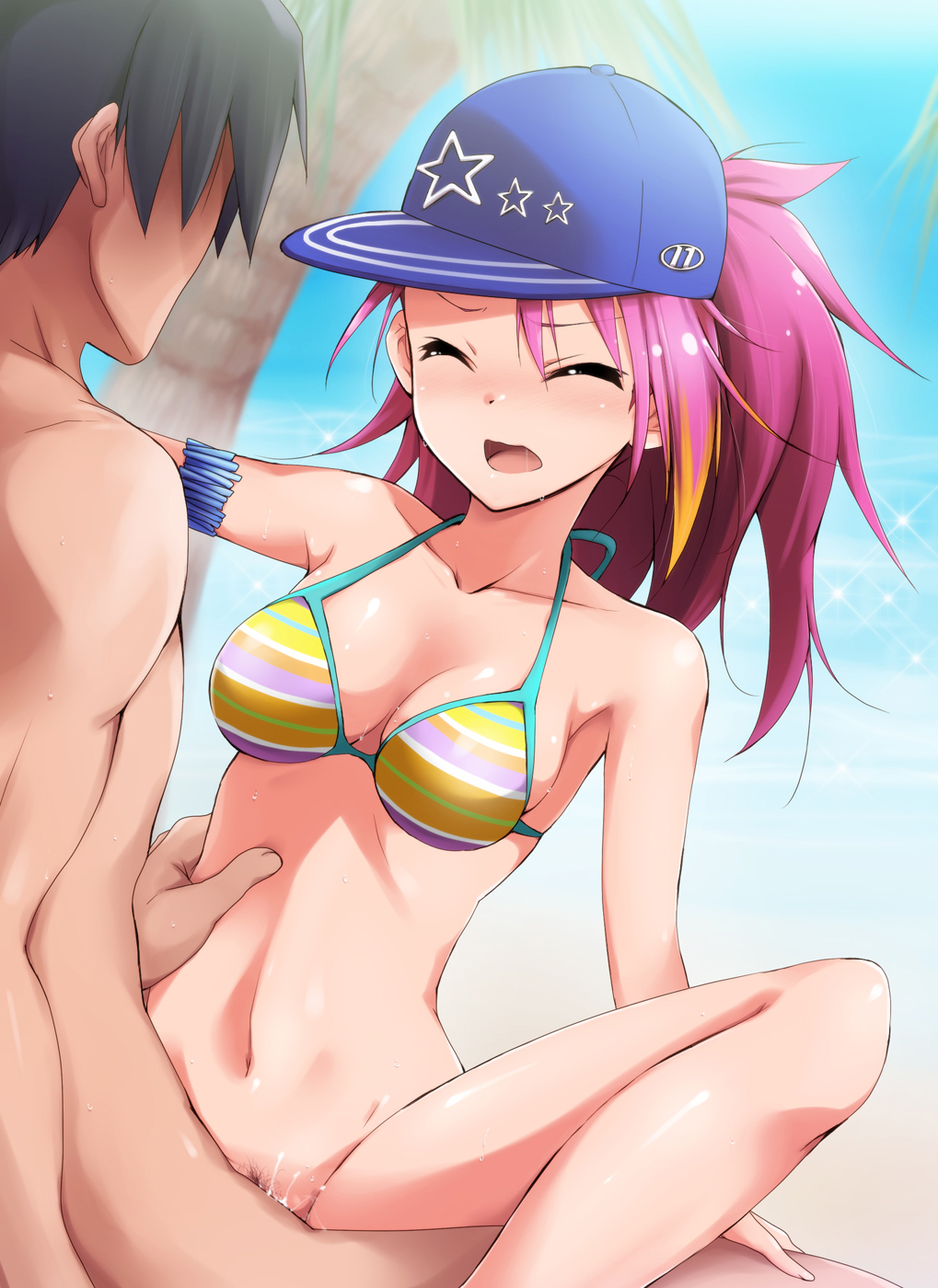 1girl armlet baseball_cap bikini_top blush bottomless breasts censored cleavage closed_eyes cowgirl_position cum cum_in_pussy girl_on_top hat hetero highres idolmaster idolmaster_million_live! jewelry kaiga long_hair long_legs maihama_ayumu medium_breasts multicolored_hair navel open_mouth penis petite pink_hair pubic_hair pussy sex sitting smile solo_focus spread_legs straddling striped sweat swimsuit vaginal