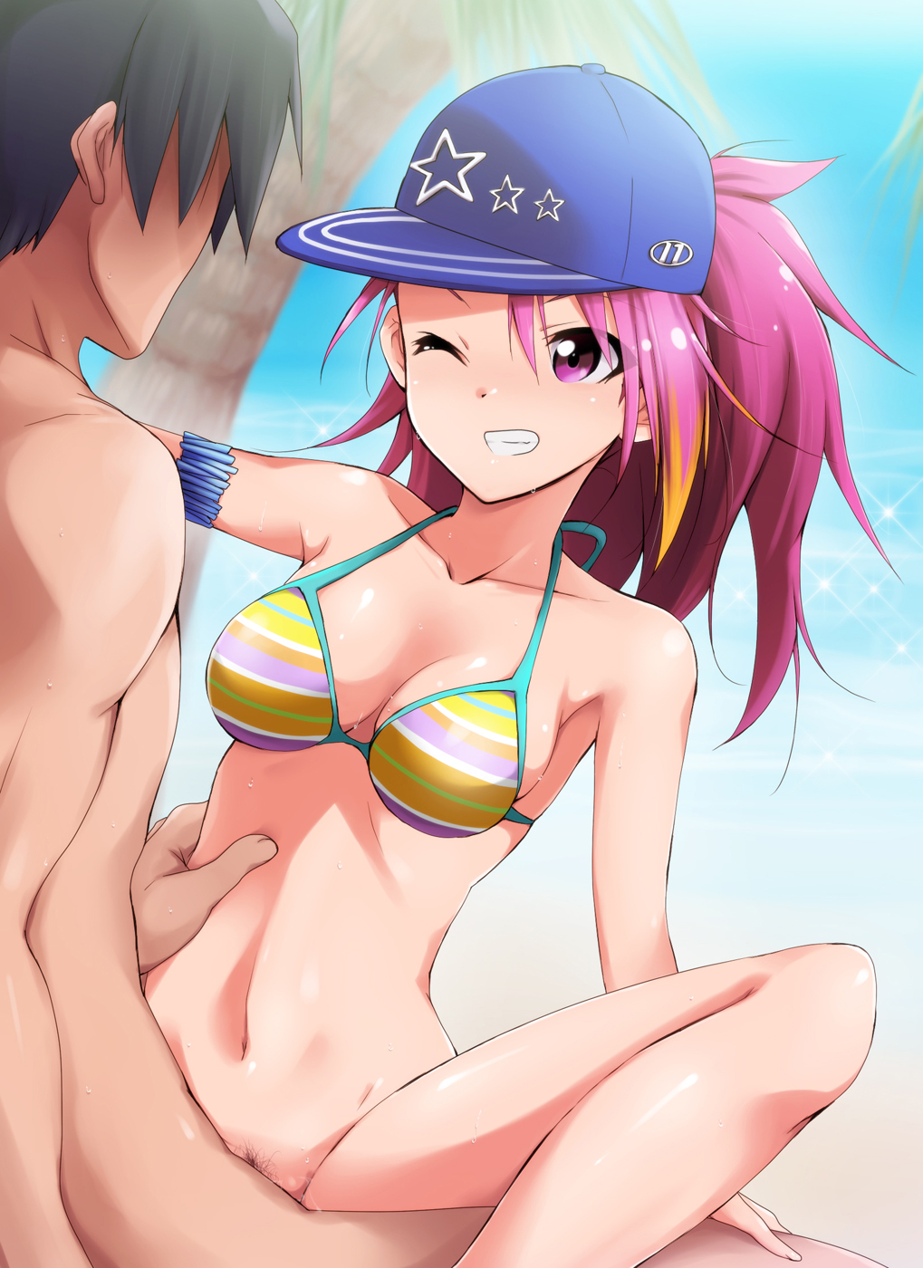 1girl armlet baseball_cap bikini_top blush bottomless breasts censored cleavage clenched_teeth cowgirl_position girl_on_top grin happy_sex hat hetero highres idolmaster idolmaster_million_live! jewelry kaiga long_hair long_legs maihama_ayumu medium_breasts multicolored_hair navel one_eye_closed penis petite pink_eyes pink_hair pubic_hair pussy sex shiny shiny_skin sitting smile solo_focus spread_legs straddling striped sweat swimsuit teeth vaginal