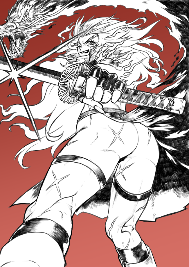 ass cross_scar facial_scar female from_behind kagemitsu_ryuuko kbtmsboy long_hair looking_back monochrome muscle muscular_female red_background scar shinken!! simple_background solo spot_color sword weapon