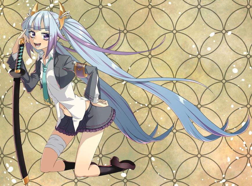 blue_hair female ishida-masamune_kiriko kbtmsboy kneeling long_hair necktie open_mouth shinken!! skirt solo sword twintails very_long_hair weapon