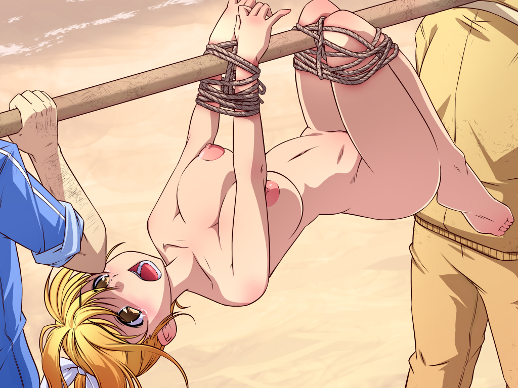1girl areolae bdsm blonde_hair bondage bound breasts feet hair_ribbon helpless highres large_breasts legs long_hair looking_up navel nightmare_express nipples nude open_mouth ponytail ribbon rope sand shimano_natsume thighs tied_up toes walking yellow_eyes