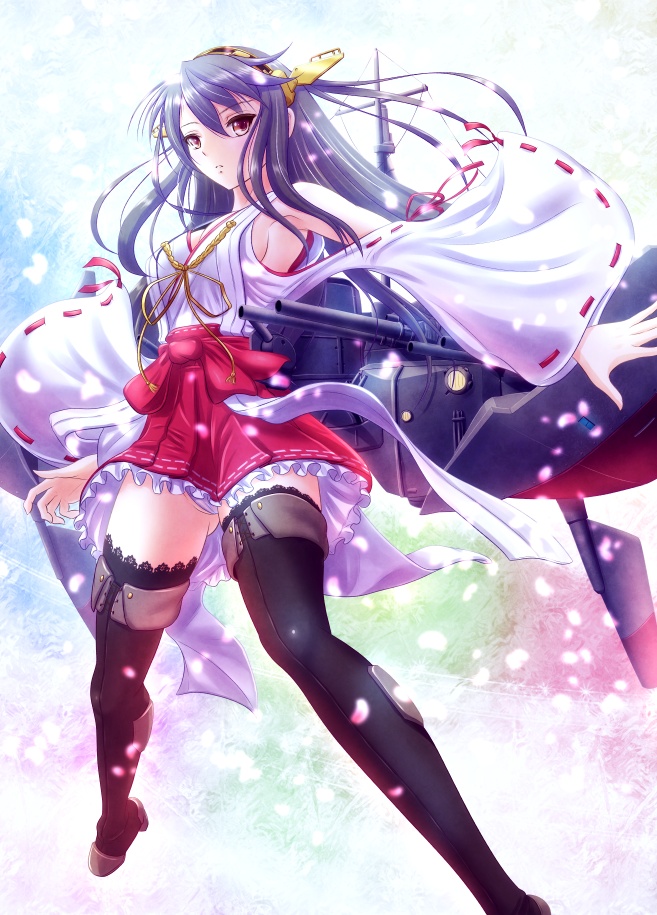 bare_shoulders black_hair boots breasts brown_eyes detached_sleeves frilled_skirt frills gradient gradient_background hair_ornament hairband hairclip haruna_(kantai_collection) japanese_clothes kantai_collection long_hair looking_at_viewer medium_breasts multicolored multicolored_background nontraditional_miko ribbon-trimmed_sleeves ribbon_trim ryu-akt sideboob skirt solo thigh_boots thighhighs zettai_ryouiki