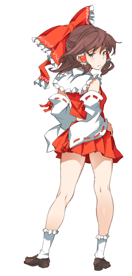 blue_eyes blush bow brown_hair detached_sleeves from_behind full_body hair_bow hair_tubes hakurei_reimu hands_on_hips kneepits looking_back mogg shoes short_hair socks solo standing touhou white_legwear
