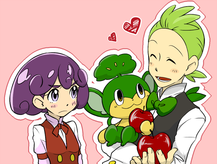 &gt;:( 1girl :d ^_^ apple black_vest bow bowtie brown_eyes buttons cabernet_(pokemon) closed_eyes collared_shirt dent_(pokemon) food frown fruit gen_5_pokemon green_bow green_hair green_neckwear heart holding holding_food holding_fruit long_sleeves mizumori_namo open_mouth pansage pink_background pokemon pokemon_(anime) pokemon_(creature) pokemon_bw_(anime) purple_hair red_vest shirt short_hair simple_background smile v-shaped_eyebrows vest white_shirt