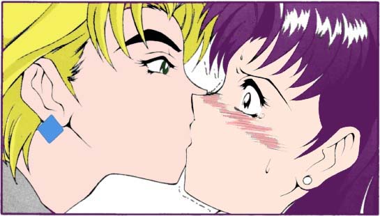 2girls akagi_ritsuko blonde_hair blush earrings jewelry katsuragi_misato kiss multiple_girls neon_genesis_evangelion purple_hair yuri