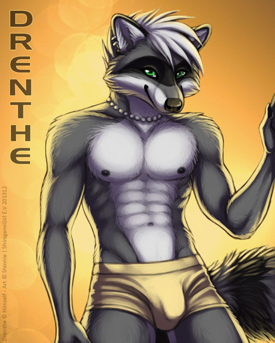 abs anthro black_nipples black_nose bulge fluffy_tail front fur green_eyes grey_fur hair looking_at_viewer male mammal muscles navel necklace nipples pecs pinup pose raccoon shinigamigirl smile solo standing topless white_hair