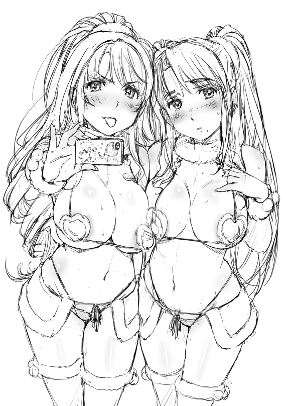 :p blush breasts cellphone christmas fur-trimmed_bikini greyscale large_breasts long_hair mole mole_under_mouth monochrome multiple_girls naruko_hanaharu phone ponytail self_shot sketch taking_picture tongue tongue_out twintails