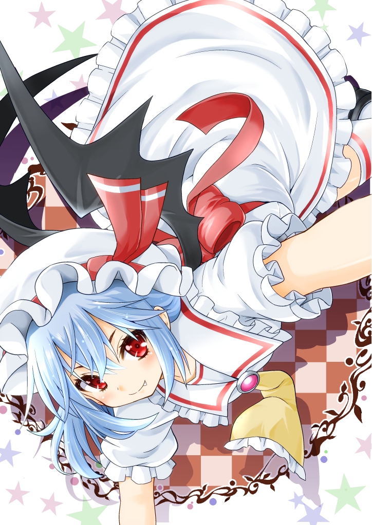 ascot bat_wings blue_hair bow brooch checkered checkered_background eyelashes fang fujishima_shinnosuke hat hat_ribbon jewelry looking_at_viewer mob_cap outstretched_arms red_eyes remilia_scarlet ribbon shadow short_hair short_sleeves skirt skirt_set smile solo spread_arms star starry_background touhou upside-down wings