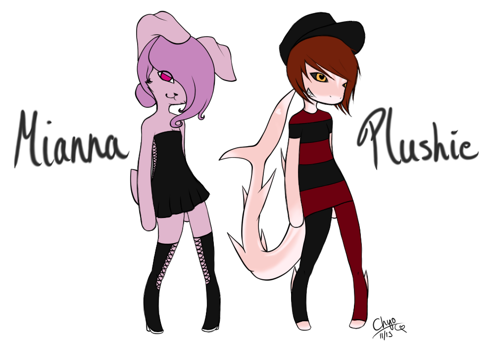 &lt;3 &lt;3_eyes :3 adopts alpha_channel anthro bipedal black_clothing black_dress brown_hair chiroina chyo clothed clothing cute digital_media_(art) duo facial_markings female fin fish front_view full-length_portrait fur grin hair hair_bun hat knee_boots laced_boots lacing lagomorph leggings legwear looking_at_viewer mammal marine markings mianna mianna_(chiroina) my orange_eyes pink_eyes pink_skin plain_background plushie plushie_(chiroina) purple_hair rabbit shark smile standing striped_clothing text toeless_socks transparent_background