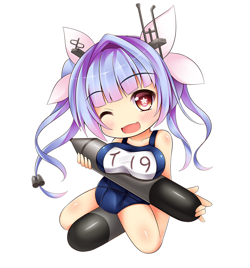 blue_hair breasts chibi fangs greenteaneko hair_ribbon i-19_(kantai_collection) kantai_collection large_breasts long_hair name_tag one-piece_swimsuit one_eye_closed open_mouth red_eyes ribbon school_swimsuit solo star star-shaped_pupils swimsuit symbol-shaped_pupils transparent_background twintails