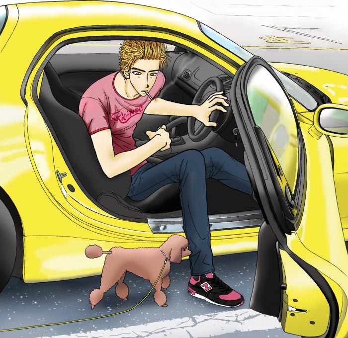 artist_request blonde_hair car cigarette dog initial_d male male_focus motor_vehicle sitting takahashi_keisuke vehicle