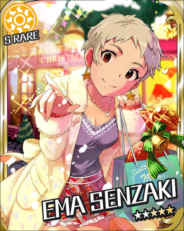 bag blonde_hair card_(medium) character_name earrings edited headshop idolmaster idolmaster_cinderella_girls jewelry looking_at_viewer necklace pixie_cut red_eyes senzaki_ema shopping shopping_bag short_hair skirt smile snow solo sparkle sun_(symbol) third-party_edit very_short_hair