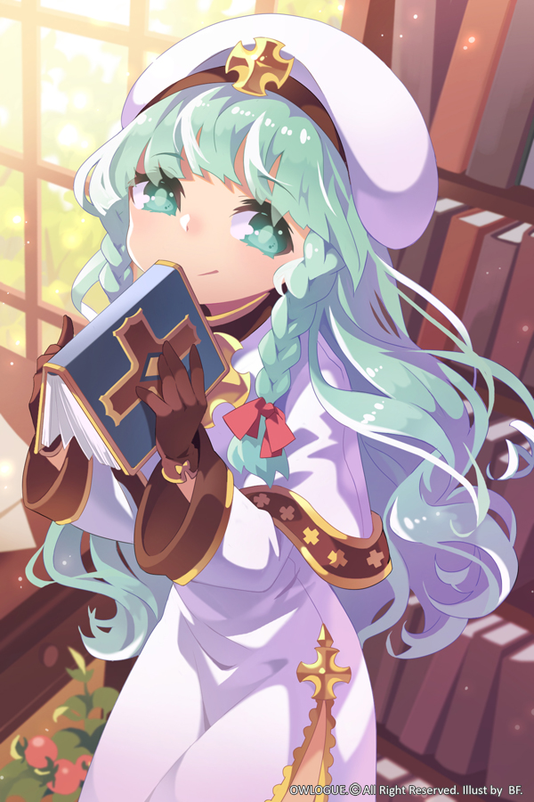artist_name bf._(sogogiching) book bookshelf braid brown_gloves company_name cowboy_shot cross gloves green_eyes green_hair hat holding holding_book indoors light_particles long_hair long_sleeves looking_at_viewer mandrake_girls_2 official_art priestess side_braid side_slit smile solo twin_braids wavy_hair