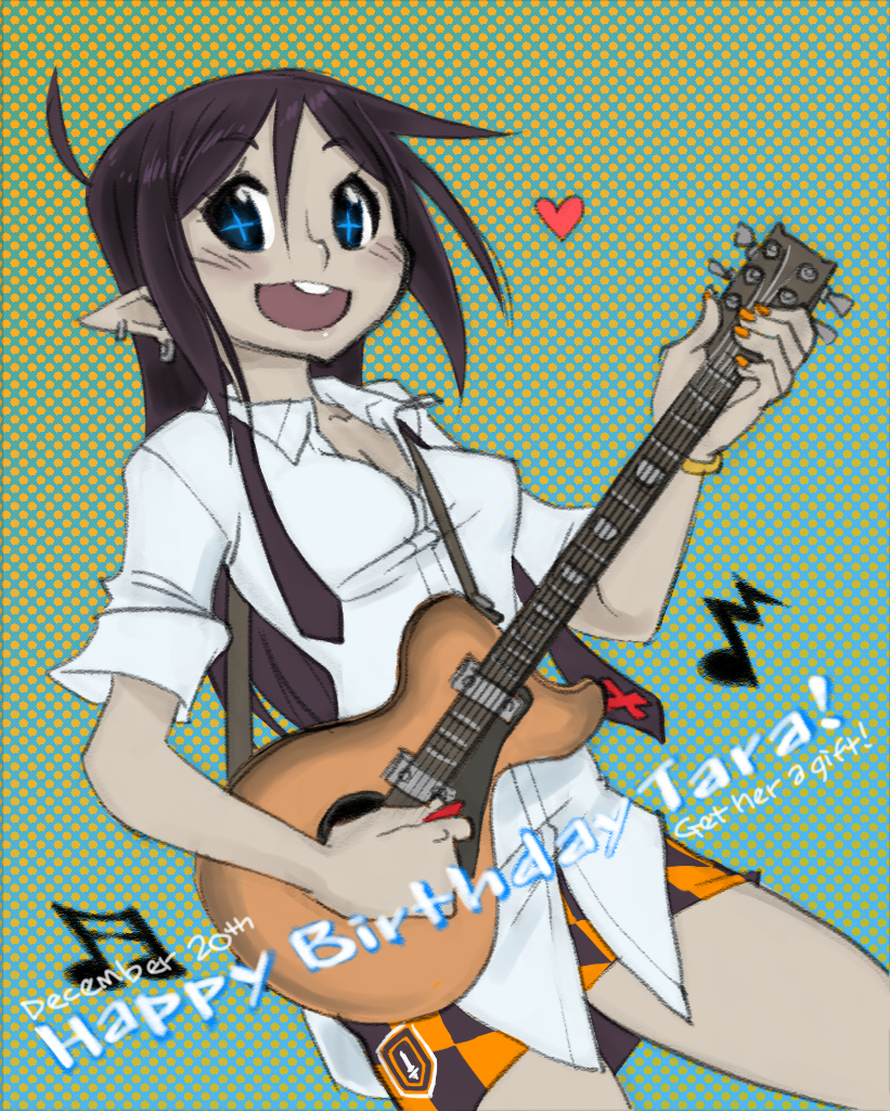 1girl :d black_hair blue_eyes breasts buck_teeth dark_skin demon_mages earrings grey_skin guitar happy_birthday heart instrument jason_robinson jewelry long_hair music musical_note nail_polish necktie open_mouth pencil_skirt playing_instrument plectrum pointy_ears shirt skirt small_breasts smile solo tara_olphoros undone_necktie