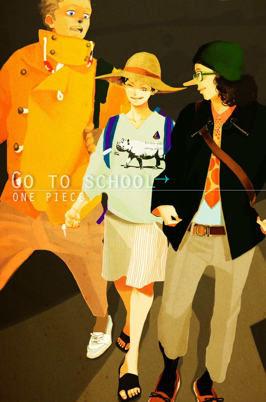 3boys alternate_costume bag clothes_writing contemporary fonfont hat highres male male_focus moccasins monkey_d_luffy multiple_boys one_piece sandals tony_tony_chopper trio usopp