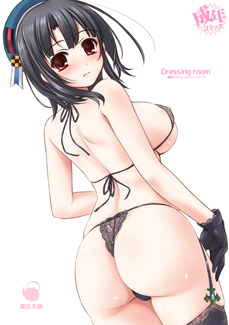 ass black_hair blush bra breasts brown_eyes garter_straps gloves hat inoue_tomii kantai_collection large_breasts looking_back panties short_hair sideboob simple_background solo standing takao_(kantai_collection) thighhighs thong underboob underwear underwear_only