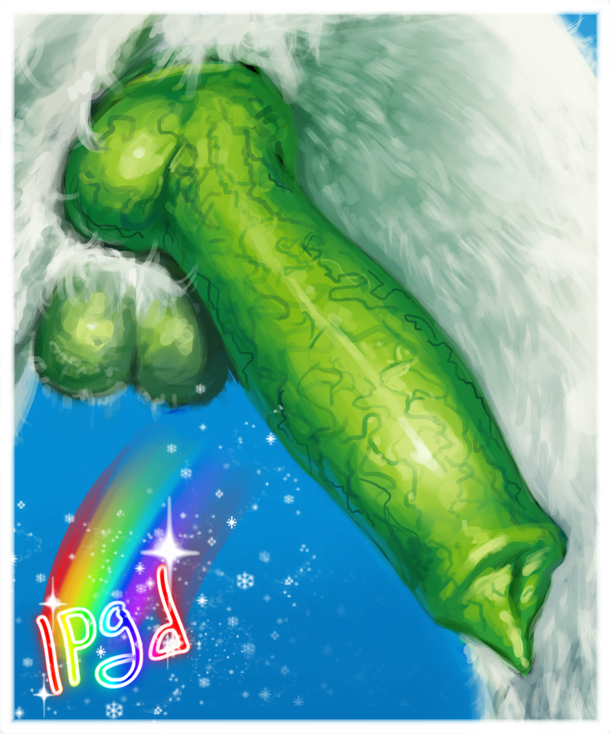 animal_genitalia animal_penis balls bec_blanche blue_background canine canine_penis carapacian close-up crotch_shot digital_media_(artwork) dog erection foreshortening fur green_balls green_penis homestuck ipgd_(artist) low-angle_view male mammal ms_paint_adventures nude penis peregrine_mendicant rainbow signature simple_background snowflake solo white_fur