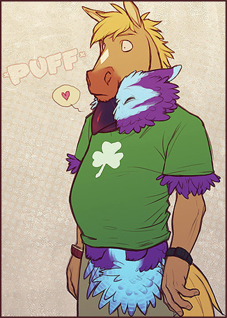 &lt;3 anthro anthrofied avian beak bird brown_fur duo equine eyes_closed fur green_eyes green_shirt horse male merystic size_difference standing text violet_fur