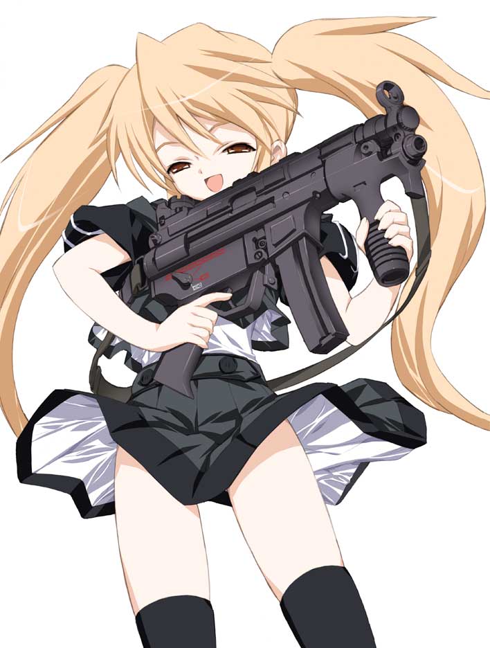 angel_gear black_legwear blonde_hair brown_eyes cover cover_page error gun h&amp;k_mp5 h&amp;k_mp5k heckler_&amp;_koch keuma long_hair open_mouth oversized_object panties pantyshot pantyshot_(standing) simple_background smile solo standing striped striped_panties submachine_gun therapia_pharmakon thighhighs twintails underwear very_long_hair weapon white_background