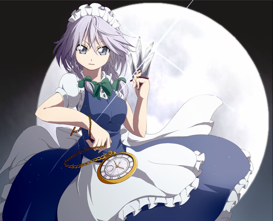 apron between_fingers bow braid breasts bwell chain expressionless full_moon glint hair_bow izayoi_sakuya knife looking_at_viewer maid_headdress medium_breasts moon pocket_watch puffy_short_sleeves puffy_sleeves roman_numerals short_sleeves silver_eyes silver_hair skirt skirt_set solo touhou twin_braids waist_apron watch wind