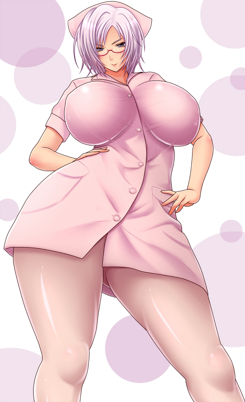 1girl bad_id breasts curvy female glasses hat highres huge_breasts impossible_clothes impossible_clothing impossible_shirt nurse nurse_cap nurse_outfit original pantyhose purple_eyes saogokushi shirt short_hair solo standing thick_thighs white_hair